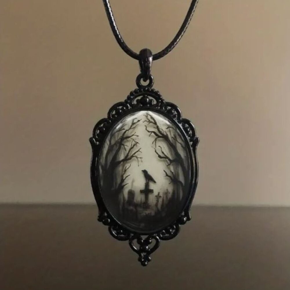 NEW Gothic Black Raven Graveyard Cabochon Amulet Necklace Pendant
